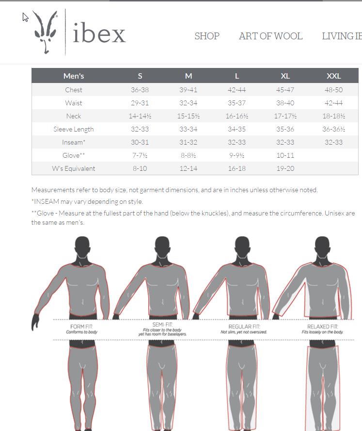 Ibex Size Chart